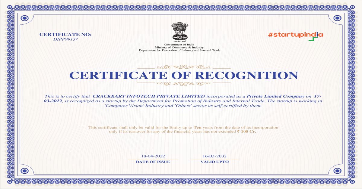 Crackkart Infotech Pvt Ltd DPIIT Recognized Startup